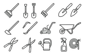 Outline icons of various gardening tools for landscaping and maintenance