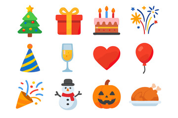 Fototapeta premium Festive holiday icons: christmas tree, birthday cake, fireworks, and halloween pumpkin