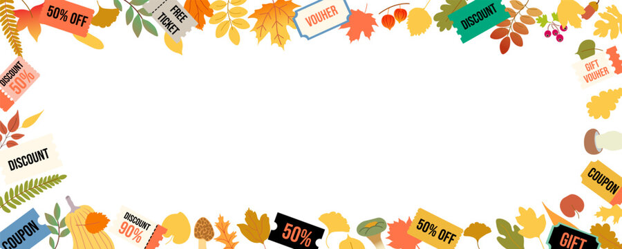 horizontal frame from autumn leaves, mushrooms and discount coupon in vector . Template for background, wallpaper, banner, backdrop, decoration