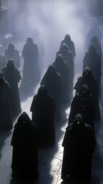 Una procesi&oacute;n de figuras encapuchadas avanza en un ambiente brumoso y misterioso.