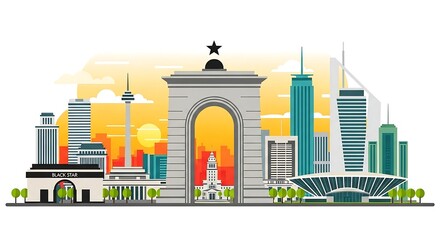 accra ghana skyline vibrant cityscape illustration featuring iconic landmarks against a warm sunset backdrop perfect for travel blogs and tourism promotion.