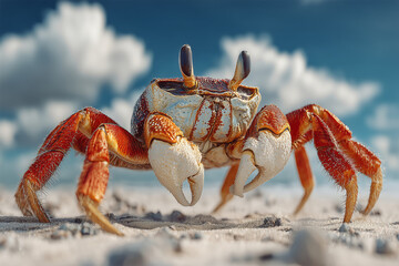 Colorful crab explores sandy beach under a bright blue sky with clouds