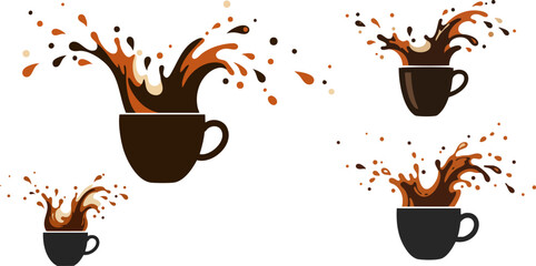 Coffee cups splashing with liquid in pixelated style against a black background