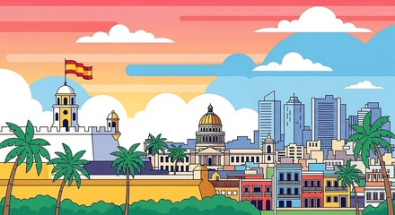 Havana cityscape illustration with Spanish flag showcasing colonial architecture and modern buildings against a colorful sunset perfect for travel blog design.