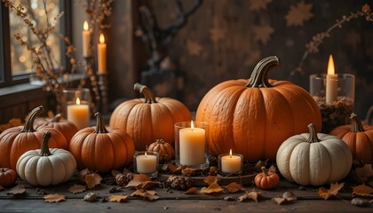 Autumnal arrangement of pumpkins and candles creating a cozy thanksgiving scene