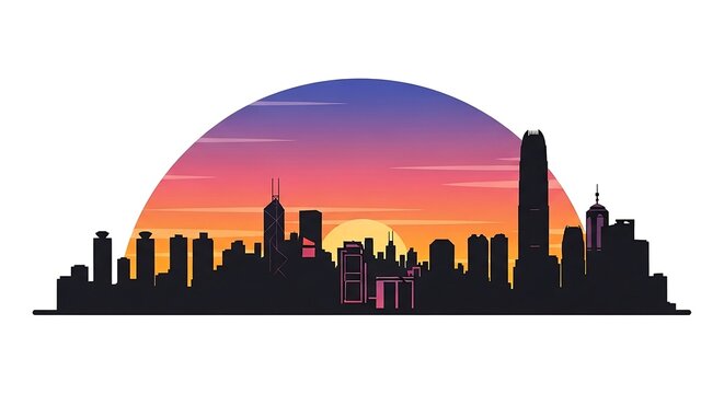 hong kong skyline at sunset silhouette of skyscrapers against a vibrant colorful sky perfect for travel blogs urban development or business reports