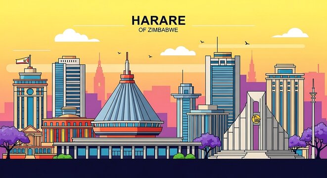 iconic harare skyline illustration of zimbabwe architecture against sunset gradient perfect for travel blog highlighting african landmarks  urban development