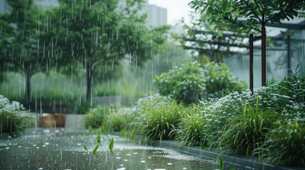 Rain falling in modern city garden courtyard
