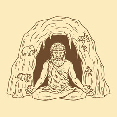 ancient caveman meditating inside a cave decorated with drawings sketch