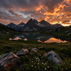 A stunning, fiery sunset is perfectly reflected in a calm alpine lake. In the foreground, a field of vibrant wildflowers blooms among scattered rocks.