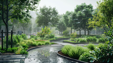 Rain falling on lush urban park landscape
