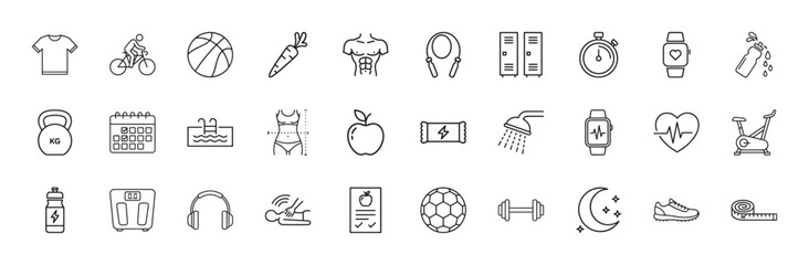 Fitness and wellness line icon set. Vector pictograms of exercise, diet, sport, and health elements including gym equipment, food, and lifestyle items, thin linear illustration.