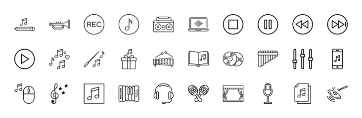 Music and audio line icon set. Vector pictograms of musical instruments, sound production, player controls, and recording devices, thin linear illustration.