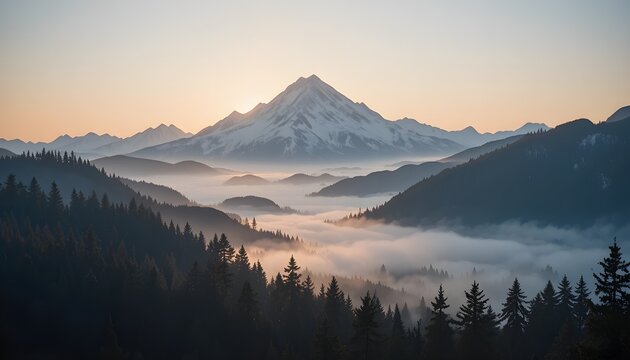 Scenic mountain range with fog and forest at sunrise in the wilderness - Powered by Adobe