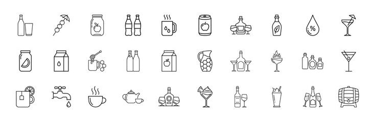 Drinks and beverages line icon set. Vector pictograms of bottles, glasses, juice, milk, coffee, tea, cocktails, wine, beer, honey, water, liquor, thin linear illustration.