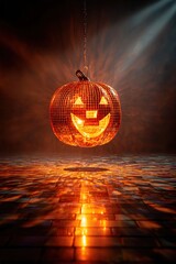 Pumpkin-shaped Halloween disco ball glowing at party