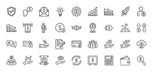 Finance line icon set. Vector depicting security, investment, growth, payment, budget, and analytics, thin linear illustration.