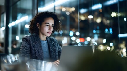 Young woman using laptop in cozy evening setting, working or shopping online during Black Friday or Cyber Monday sales