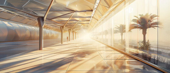 Futuristic airport terminal with palm trees at sunrise
