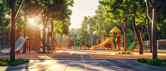 Colorful outdoor playground with slides and climbing structures surrounded by trees and soft sunlight in a quiet city park.
