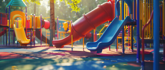 Colorful empty playground with slides at sunrise
