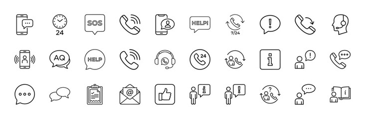 Customer support line icon set. Vector pictograms of phone, headset, chat, message, email, information, help, callback, clock, feedback, thin linear illustration.