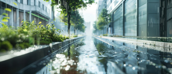 Efficient stormwater drainage channel collecting rain runoff along a landscaped urban sidewalk during rainfall in a contemporary city.
