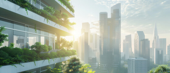 Modern cityscape with tall skyscrapers, lush greenery and golden sunlight at dawn