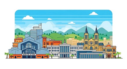 marché de fer illustration of cityscape showcasing haitian culture and landmarks against a sunny sky perfect for travel and tourism blogs and guides.