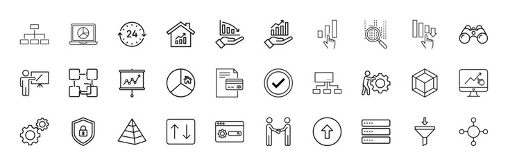Business and data analytics line icon set. Vector pictograms of organizational charts, real estate growth, financial trends, security shields, and server databases, thin linear illustration.