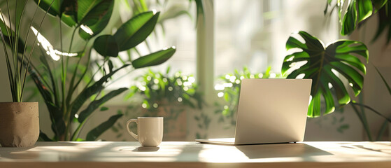 Modern workspace with potted plant, laptop and coffee on wooden desk by sunlit window