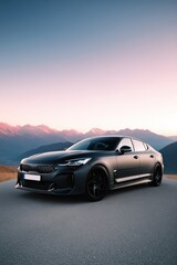 Naklejka premium Matte black sedan parked on a winding road with mountains in the background, showcasing sleek design and modern aesthetics in a serene landscape