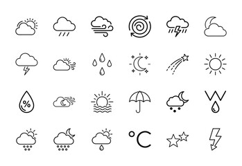 Obraz premium Weather line icon set. Vector pictograms of sun, clouds, rain, lightning, wind, moon, stars, humidity, temperature, umbrella, thin linear illustration.