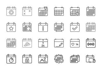Calendar line icon set. Vector pictograms of dates, settings, reminders, appointments, events, search, notes, and locations, thin linear illustration.