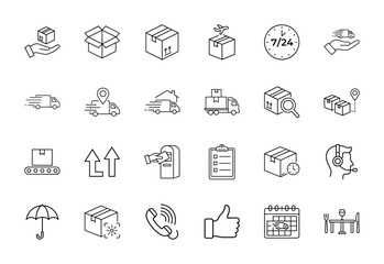 Delivery and logistics line icon set. Vector pictograms of packages, trucks, airplane delivery, 24/7 support, and shipping services, thin linear illustration.