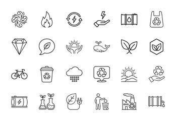 Fototapeta premium Environment line icon set. Vector pictograms of wind, flame, energy, barrels, recycle bags, diamond, leaf, sun, whale, bicycle, bin, cloud, factory, thin linear illustration.