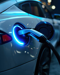 Electric car charging at EV station with glowing blue plug inserted into the vehicle
