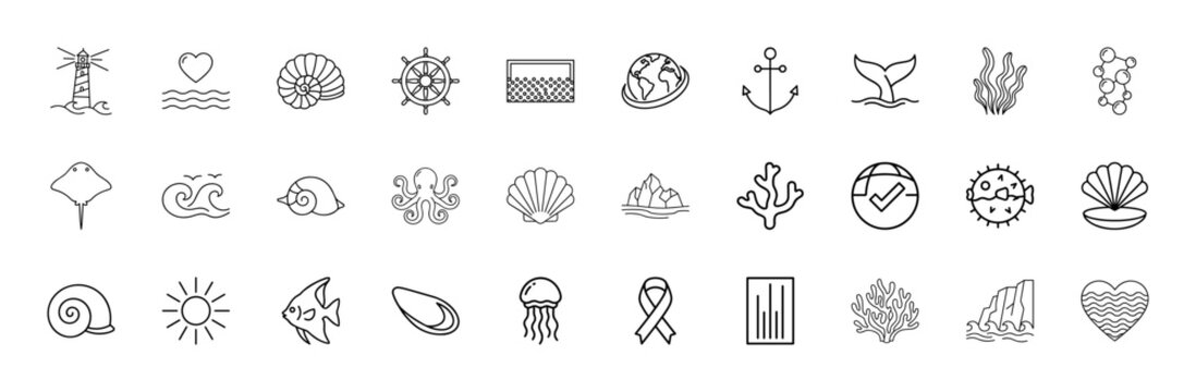 Marine line icon set. Vector pictograms of lighthouse, anchor, whale, octopus, jellyfish, shells, fish, corals, waves, globe, sun, stingray, iceberg, thin linear illustration.