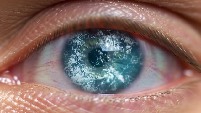 Close-up of a human eye, iris reflecting a turbulent ocean scene.  The image showcases intricate detail in both the eye's structure and the reflected waters