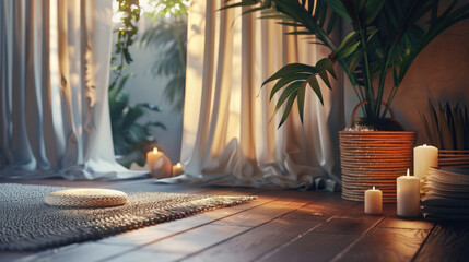 Sunlit corner of room with sheer curtains, potted plant and glowing candles on wooden floor