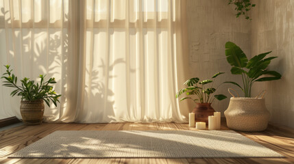 Bright minimal living room interior with beige curtains, potted plants and sunlight streaming through window