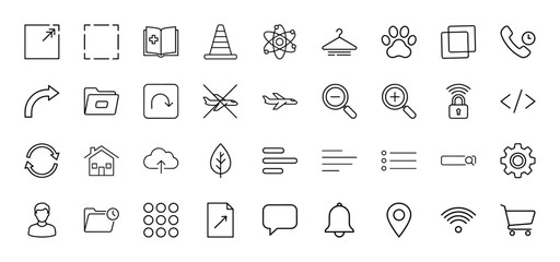 Universal interface line icon set. Vector pictograms of expand, folder, atom, airplane, search, home, cloud, leaf, notification, shopping cart, thin linear illustration.