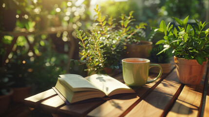 Open book with cup of tea on wooden table in sunlit garden with green leaves