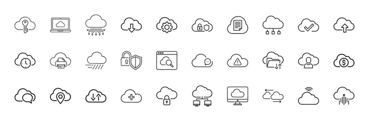 Fototapeta premium Cloud computing line icon set. Vector pictograms of data key, laptop, download, upload, security, document, user, server, and network, thin linear illustration.