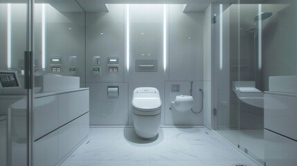 Modern minimalist bathroom interior with toilet, sink and large mirror in neutral gray tones