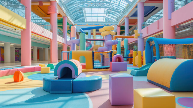 Colorful indoor playground with slides, soft blocks and climbing structures under a glass atrium