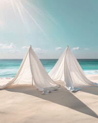 White teepee tents on sandy tropical beach with turquoise sea and blue sky