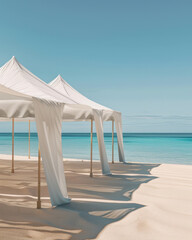 White canopy tents on sandy tropical beach with turquoise sea and clear blue sky