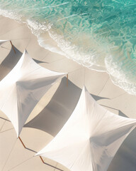 Aerial view of white beach umbrellas on sandy shore with turquoise water at tropical resort