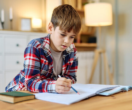 Portrait of a teenage boy doing homework at home, Concentrated beautiful male white child writing in hisnotebook. Focused caucasian schoolboy studying and preparing for exams